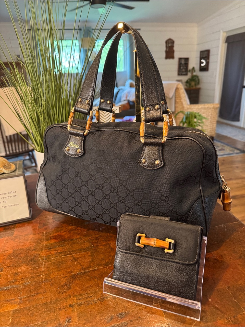 Gucci Black GG Canvas Satchel with Bamboo Accents